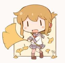 Rule 34 | 1girl, artist name, blue skirt, blush stickers, brown hair, brown socks, chibi, folded ponytail, ginkgo leaf, hanomido, holding, holding leaf, inazuma (kancolle), kantai collection, kneehighs, leaf, loafers, long sleeves, neckerchief, open mouth, red neckerchief, school uniform, serafuku, shoes, simple background, skirt, socks, solid eyes, solo, | |