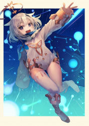 Rule 34 | 1girl, absurdres, blue eyes, blue scarf, bodysuit, boots, genshin impact, gluteal fold, halo, highres, knees together feet apart, maronmokaet, open mouth, outstretched arm, paimon (genshin impact), scarf, short hair, silver hair, single thighhigh, smile, solo, thigh gap, thighhighs, thighs, white bodysuit, white footwear, white thighhighs