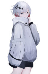 Rule 34 | 1girl, absurdres, blue eyes, closed mouth, coat, expressionless, grey hair, hair ornament, hand up, high collar, highres, jacket, looking at viewer, original, pikuson, short hair, shorts, simple background, solo, standing, white background, white jacket, winter clothes, winter coat
