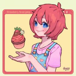 Rule 34 | 1girl, artist name, blue eyes, blush, cake, cupcake, english text, flower, food, fruit, hanaan, hands up, heart, icing, looking at viewer, original, overalls, pink shirt, red hair, shirt, short hair, short sleeves, smile, solo, star (symbol), strawberry, upper body, white flower, window (computing), yellow background