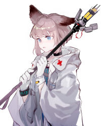 Rule 34 | 1girl, ahoge, animal ears, arknights, blue eyes, brown hair, chinese commentary, choker, closed mouth, coat, commentary request, cross, fox ears, fox girl, gloves, highres, holding, holding staff, hood, hooded coat, hooded jacket, infection monitor (arknights), iris yi, jacket, long sleeves, looking away, material growth, oripathy lesion (arknights), red cross, short hair, sidelocks, simple background, solo, staff, standing, sussurro (arknights), upper body, white background, white coat, white gloves, wide sleeves