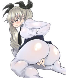 Rule 34 | 10s, 1girl, anchovy (girls und panzer), ass, blush, breasts, drill hair, from behind, girls und panzer, green hair, hair ribbon, highres, huge ass, kneeling, long hair, looking at viewer, looking back, necktie, pantyhose, red eyes, ribbon, school uniform, shiny clothes, sideboob, simple background, skirt, solo, takanashi shirou, twin drills, twintails, upskirt, wavy mouth, white background, white pantyhose