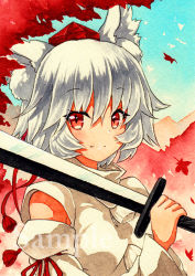 Rule 34 | 1girl, animal ears, bad id, bad pixiv id, blush, brown eyes, closed mouth, day, detached sleeves, fang, fang out, hat, holding, holding sword, holding weapon, inubashiri momiji, long sleeves, looking at viewer, outdoors, pom pom (clothes), qqqrinkappp, red hat, sample watermark, short hair, silver hair, smile, solo, sword, tokin hat, touhou, traditional media, upper body, watermark, weapon, wolf ears