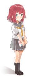 Rule 34 | 10s, 1girl, absurdres, bad id, bad pixiv id, black socks, book, full body, green eyes, grey skirt, hasegawa (rarairairai), highres, holding, holding book, kurosawa ruby, loafers, looking at viewer, love live!, love live! sunshine!!, neckerchief, pleated skirt, red hair, school uniform, serafuku, shoes, short sleeves, simple background, skirt, socks, solo, standing, tie clip, two side up, white background