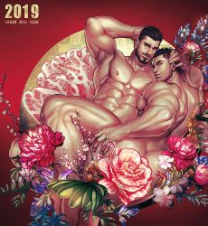 Rule 34 | 2019, 2boys, abs, arm behind head, ass, bara, beard, black hair, chenyanyan, cherry blossoms, completely nude, convenient censoring, facial hair, flower, flower request, hand on another&#039;s head, hand on own thigh, happy new year, huge ass, large pectorals, lily (flower), looking at viewer, lying, male focus, multiple boys, muscular, muscular male, mustache, navel, new year, nipples, nude, on back, on side, original, parted lips, pectorals, rose, short hair, thick thighs, thighs, undercut, yaoi