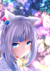 Rule 34 | 1girl, :3, aerial fireworks, animal ears, blue eyes, blue hair, blurry, blurry background, blush, cat ears, chiyami, closed mouth, commentary request, depth of field, fireworks, gawr gura, grey hair, cube hair ornament, hair ornament, hololive, hololive english, japanese clothes, kimono, multicolored hair, portrait, side ponytail, solo, streaked hair, tanabata, twitter username, virtual youtuber, white kimono