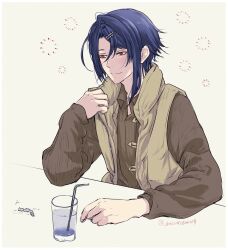 Rule 34 | 1boy, alcryst (fire emblem), alternate costume, asymmetrical hair, blue hair, closed mouth, cup, drink, fire emblem, fire emblem engage, hair between eyes, hair ornament, hairclip, highres, long sleeves, male focus, nintendo, red eyes, short hair, solo, sweater vest, umi ( oneinchswing)