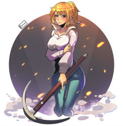 Rule 34 | 1girl, artist name, blonde hair, brown eyes, cha hae-in, denim, highres, holding, jeans, kunsword, long hair, looking at viewer, pants, pickaxe, shirt, shy, solo, solo leveling, white shirt