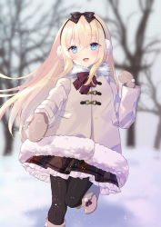 Rule 34 | 1girl, :d, bare tree, black bow, black pantyhose, blonde hair, blue eyes, blurry, blurry background, blush, boots, bow, brown coat, brown footwear, brown mittens, coat, commentary request, commission, day, depth of field, earmuffs, floating hair, frilled skirt, frills, fur-trimmed coat, fur trim, hair between eyes, hand up, highres, knee boots, long hair, long sleeves, looking at viewer, mittens, open mouth, original, outdoors, outstretched arm, pantyhose, pixiv commission, pleated skirt, purin jiisan, skirt, smile, solo, standing, standing on one leg, tree, very long hair