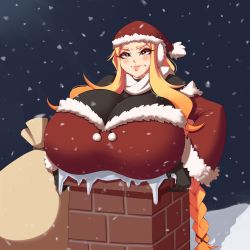 Rule 34 | 1girl, angry, arina, bag, blonde hair, bodysuit, breasts, brown eyes, bursting breasts, dotil, eyelashes, gigantic breasts, hat, highres, holding, lips, long hair, night, original, outdoors, santa hat, scarf, shiny clothes, shiny skin, skin tight, sky, smokestack, snow, solo, stuck, suck, upper body, very long hair