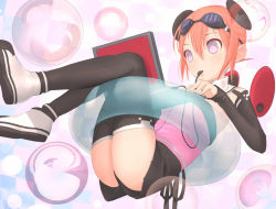 Rule 34 | 1girl, black ribbon, black shorts, black thighhighs, breasts, cable, checkered background, computer, floating, full body, goggles, goggles on head, hair between eyes, hair ornament, innertube, laptop, long sleeves, mouth hold, orange hair, orb, original, purple eyes, ribbon, see-through, shoes, short hair, shorts, small breasts, solo, swim ring, thighhighs, transparent, uni (plastic girl), upshorts