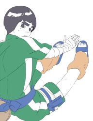 Rule 34 | 1boy, black hair, bowl cut, eyebrows, looking at viewer, male focus, naruto, naruto (series), rock lee, sandals, short hair, simple background, sitting, solo, sweat, take (gnzr23), white background
