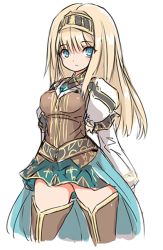 Rule 34 | 1girl, alicia (valkyrie profile 2), blonde hair, blue eyes, breasts, hairband, karukan (monjya), long hair, looking at viewer, puffy sleeves, silmeria valkyrie, simple background, skirt, solo, standing, thighhighs, valkyrie profile (series), valkyrie profile 2: silmeria, white background
