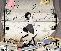 Rule 34 | 1girl, arms up, bass clef, baton, conductor baton, black eyes, black hair, black skirt, black socks, building, cable, cityscape, clarinet, curtains, drum, drumsticks, french horn, from side, instrument, inverted umbrella, kneehighs, loafers, looking back, musical note, no nose, odori (super normal), open mouth, original, outstretched arms, pleated skirt, power lines, rain, school uniform, serafuku, shoes, skirt, socks, solo, staff (music), super normal, trumpet, umbrella, utility pole, violin, weather, wind