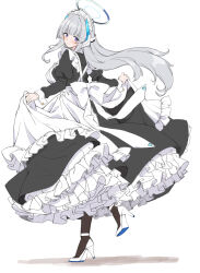 Rule 34 | 1girl, absurdres, alternate costume, apron, black pantyhose, black shirt, black skirt, blue archive, blush, breasts, closed mouth, enmaided, floating hair, foot up, frilled apron, frilled skirt, frills, from side, full body, grey hair, headphones, high heels, highres, juliet sleeves, large breasts, layered skirt, long bangs, long hair, long skirt, long sleeves, looking at viewer, maid, noa (blue archive), pantyhose, petticoat, puffy sleeves, purple hair, shirokuma a, shirt, sidelocks, simple background, skirt, skirt hold, smile, solo, straight hair, white apron, white background, white footwear