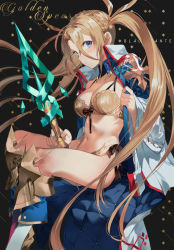 Rule 34 | 1girl, bare shoulders, black background, blonde hair, blue eyes, blush, boots, bra, bradamante (fate), bradamante (third ascension) (fate), braid, breasts, character name, cleavage, closed mouth, coat, collarbone, elbow gloves, fate/grand order, fate (series), french braid, gloves, hair between eyes, highres, knee boots, legs, lingerie, long hair, long sleeves, looking at viewer, medium breasts, navel, open clothes, open coat, panties, salmon88, solo, thighs, twintails, underwear, very long hair, weapon, white coat