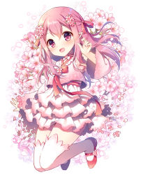 Rule 34 | 1girl, :d, blush, commentary request, flower, full body, hair between eyes, hair flower, hair ornament, hair ribbon, layered skirt, long sleeves, mauve, open mouth, original, pink flower, pink hair, pink shirt, pointy ears, potion maker, purple eyes, red footwear, red ribbon, ribbon, shirt, shoes, skirt, smile, solo, thighhighs, white background, white skirt, white thighhighs, wide sleeves