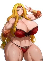 Rule 34 | 1girl, abs, aztec, barefoot, batako (batakoart), blonde hair, bra, breasts, chin piercing, fate/grand order, fate (series), g-string, green eyes, hair tubes, headdress, highres, lace, lace-trimmed bra, lace trim, large breasts, light blush, lingerie, long hair, muscular, muscular female, navel, panties, quetzalcoatl (fate), red bra, red panties, smile, solo, standing, swimsuit, thick thighs, thighs, thong, underwear, underwear only, v, wide hips