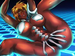 1girl abs ass bleach bleach:_sennen_kessen-hen blonde_hair breasts chain chained colored_eyelashes dark-skinned_female dark_skin espada facial_mark female_focus green_eyes hair_between_eyes highres large_breasts legs_over_head medium_hair shiny_skin simple_background soyuz001 spread_legs teeth thighs tier_harribel toned_female