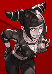 Rule 34 | blunt bangs, breasts, capcom, cowboy shot, fingerless gloves, gloves, greyscale, hair horns, han juri, hand on own hip, hungry clicker, jacket, leaning forward, limited palette, looking at viewer, midriff, monochrome, pants, red background, shirt, street fighter, street fighter v, tongue, tongue out, two-tone background