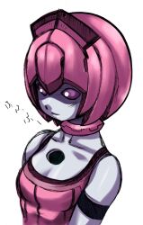Rule 34 | 1girl, android, bare shoulders, bob cut, breasts, cleavage, closed mouth, collarbone, colored skin, elenor camuel, headdress, highres, jewelry, medium breasts, nakagami takashi, neck ring, phantasy star, phantasy star online, pink hair, pink headwear, purple eyes, racaseal, short hair, simple background, smile, solid eyes, solo, upper body, white background, white skin