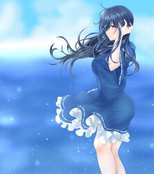 Rule 34 | 1girl, blue background, blue dress, blue hair, breasts, dark blue hair, dress, feet out of frame, floating hair, gradient background, hand in own hair, hand up, highres, horizon, iizunamaru megumu, large breasts, light particles, light smile, long hair, looking at viewer, mizuki mukawa, no headwear, petticoat, pink eyes, see-through, short sleeves, simple background, solo, standing, tareme, touhou, very long hair, wide sleeves