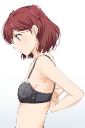 Rule 34 | 1girl, absurdres, aoba misaki, armpits, arms behind back, bad id, bad twitter id, black bra, blush, bra, brown eyes, brown hair, closed mouth, from side, gradient background, hair ornament, highres, hiroki (yyqw7151), idolmaster, idolmaster million live!, idolmaster million live! theater days, midriff, removing bra, short hair, solo, two side up, underwear, undressing, upper body