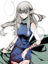Rule 34 | 1girl, absurdres, arm wrap, blank speech bubble, blonde hair, blood, blood on arm, blood on clothes, blood on leg, blood stain, chinese commentary, cloak, dungeon meshi, elf, gorget, green cloak, hair tubes, highres, holding, holding cloak, holding sword, holding weapon, long hair, looking down, low-tied sidelocks, mianbao chaoren mocha binglao ban, milsiril (dungeon meshi), multiple scars, pointy ears, scar, scar on arm, simple background, sleeveless, solo, speech bubble, sword, weapon, white background, yellow eyes