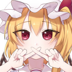 Rule 34 | 1girl, blonde hair, blurry, blurry background, covered mouth, crossed fingers, depth of field, eringi (rmrafrn), flandre scarlet, hair between eyes, hands up, hat, long hair, looking at viewer, mob cap, one side up, portrait, red eyes, simple background, solo, symbol-shaped pupils, touhou, white background, white hat, wings, x fingers