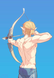 Rule 34 | 1boy, absurdres, ahoge, aiming, arrow (projectile), blonde hair, bow (weapon), earrings, from behind, highres, jewelry, kariki hajime, link, male focus, muscular, muscular male, nintendo, pointy ears, ponytail, signature, simple background, solo, the legend of zelda, the legend of zelda: breath of the wild, topless male, weapon