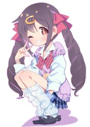 Rule 34 | 1girl, ;), black footwear, black hair, blue scrunchie, bow, bowtie, brown eyes, commentary, drill hair, full body, grin, hair ornament, hair ribbon, hairclip, heart, heart necklace, highres, jewelry, kneehighs, light blush, long hair, long sleeves, looking at viewer, loose socks, mochitsuki kagami, necklace, official alternate costume, one eye closed, onii-chan wa oshimai!, oyama mihari, purple vest, red bow, red bowtie, red ribbon, ribbon, scrunchie, shirt, shoes, simple background, smile, socks, solo, squatting, striped bow, striped bowtie, striped clothes, twin drills, vest, w, white background, white shirt, white socks, wrist scrunchie