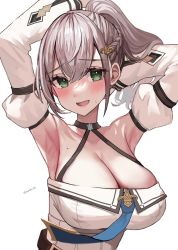 Rule 34 | 1girl, adjusting hair, alternate hairstyle, armpits, arms up, belt, blue necktie, blush, braid, breasts, cleavage, commentary request, detached sleeves, embarrassed, eyelashes, green eyes, grey hair, hair ornament, hololive, juliet sleeves, large breasts, long sleeves, looking at viewer, mole, mole on breast, necktie, open mouth, ponytail, puffy sleeves, rum raisin (chihiromakita19), shadow, shiny skin, shirogane noel, shirogane noel (5th costume), shirt, sidelocks, simple background, sleeveless, solo, sweatdrop, upper body, virtual youtuber, white background, white shirt