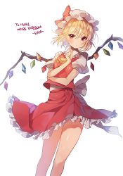 Rule 34 | 1girl, artist name, bad id, bad twitter id, blonde hair, bow, collar, ascot, demon wings, finger to cheek, flandre scarlet, frilled collar, frilled hat, frilled shirt collar, frills, hat, korean text, looking at viewer, puffy short sleeves, puffy sleeves, red eyes, red shirt, red skirt, shirt, short hair, short sleeves, simple background, skirt, solo, sukja, touhou, vampire, white background, white bow, wings