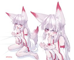 Rule 34 | 1girl, absurdres, animal ears, bare shoulders, barefoot, blush, commission, cum, cum on hair, detached sleeves, fox ears, fox girl, fox tail, furry, furry female, grey hair, grey tail, highres, jacket, long hair, looking at viewer, multiple views, naked jacket, original, popopoka, red eyes, sitting, skindentation, tail, tongue, tongue out, white jacket