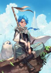 Rule 34 | 1boy, asymmetrical bangs, black footwear, black shirt, black socks, blue hair, blue sky, bracelet, braid, braided ponytail, capelet, child, cloud, cloudy sky, commentary, cu chulainn (fate), dagger, day, dog, earrings, fate/grand order, fate/grand order arcade, fate (series), green pants, grin, highres, holding, holding staff, hood, hooded capelet, jewelry, knife, lack, long hair, looking at viewer, male focus, one eye closed, open mouth, outdoors, pants, plant, ponytail, puffy pants, red eyes, samoyed (dog), sandals, setanta (fate), shirt, sitting, sky, sleeves past elbows, smile, socks, solo, spiked hair, staff, toeless legwear, weapon, white dog