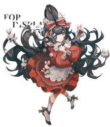 Rule 34 | 1girl, 3:, animal ears, apron, black footwear, bow, bowtie, brown eyes, brown hair, rabbit, commentary request, crying, crying with eyes open, dress, frills, full body, hair bow, heterochromia, highres, lace, lace-trimmed apron, lace-trimmed bow, lace trim, long hair, long sleeves, original, orniflop, own hands together, pom pom (clothes), puffy long sleeves, puffy sleeves, rabbit ears, red bow, red dress, red eyes, shoes, simple background, solo, stitches, tears, translation request, upset, very long hair, watermark, white apron, white background