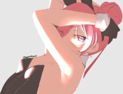 Rule 34 | 1girl, bare shoulders, black gloves, blue background, breasts, detached collar, gloves, hair bun, hair over one eye, looking at viewer, original, pink hair, purple eyes, simple background, single hair bun, skeptycally, sketch, small breasts, solo