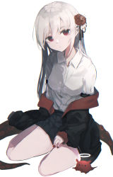 Rule 34 | 1girl, black jacket, black nails, black skirt, breasts, closed mouth, collared shirt, commentary, eyebrows hidden by hair, flower, full body, hair between eyes, hair flower, hair ornament, halo, highres, jacket, long hair, long sleeves, looking at viewer, multicolored nails, nail polish, off shoulder, ogami ren, original, pleated skirt, puffy long sleeves, puffy sleeves, red flower, red nails, shirt, silver hair, simple background, sitting, skirt, sleeves past wrists, small breasts, solo, suction cups, symbol-only commentary, tentacles, very long hair, white background, white flower, white shirt, yokozuwari