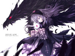 Rule 34 | 00s, 1girl, black dress, black wings, dragon, dress, frilled sleeves, frills, from side, hairband, lolita hairband, long hair, long sleeves, looking down, monster, purple eyes, purple hair, red eyes, rozen maiden, setuna (jigaren), silver hair, simple background, solo, suigintou, sword, very long hair, weapon, white background, wings