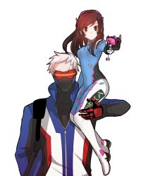 Rule 34 | 1boy, 1girl, :o, acronym, animal print, armor, bodysuit, boots, brown eyes, brown hair, carrying, charm (object), covered mouth, d.va (overwatch), eyebrows, facepaint, facial mark, gloves, gun, handgun, headphones, holding, holding gun, holding weapon, jacket, long hair, long sleeves, looking at viewer, mask, mouth mask, myagarin, open mouth, overwatch, overwatch 1, pauldrons, pilot suit, rabbit print, red gloves, ribbed bodysuit, scar, short hair, shoulder armor, shoulder carry, shoulder pads, simple background, sitting, sitting on person, sitting on shoulder, soldier: 76 (overwatch), thigh boots, thigh strap, thighhighs, turtleneck, visor, weapon, whisker markings, white background, white gloves, white hair