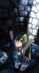 Rule 34 | 1girl, armpits, arms up, bdsm, bondage, bound, chain, from above, fujita (condor), green eyes, green hair, hatsune miku, long hair, looking up, matching hair/eyes, skull, solo, twintails, vocaloid, well