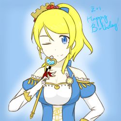 Rule 34 | 1girl, aqua dress, artist request, ayase eli, bare shoulders, blonde hair, blue bow, blue dress, blue eyes, blush, bow, breasts, cleavage, collarbone, cross-laced clothes, cross-laced dress, crown, dress, female focus, flower, gloves, hair between eyes, hair bow, hair flower, hair ornament, holding, holding scepter, long hair, looking at viewer, love live!, love live! school idol festival, love live! school idol project, medium breasts, one eye closed, parted lips, ponytail, puffy sleeves, purple flower, red flower, scepter, slime12321, smile, solo, white gloves