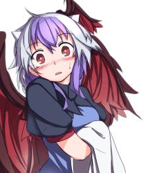 Rule 34 | 1girl, bird wings, blush, brown eyes, dress, from side, furorina, looking at viewer, looking to the side, multicolored hair, nose blush, puffy short sleeves, puffy sleeves, purple hair, short sleeves, solo, tokiko (touhou), touhou, towel, two-tone hair, upper body, white hair, wings