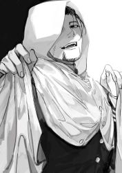 Rule 34 | 1boy, black background, black eyes, black hair, black jacket, buttons, cape, collar, collared jacket, commentary request, facial hair, facial scar, fingernails, golden kamuy, greyscale, hair slicked back, hair strand, highres, holding, holding cape, holding clothes, hood, hood up, hooded cape, imperial japanese army, jacket, long sleeves, looking at viewer, male focus, military, military uniform, monochrome, ogata hyakunosuke, one eye covered, open mouth, oziozi kamuy, scar, scar on cheek, scar on face, short hair, simple background, smile, solo, standing, stubble, teeth, uniform, upper body, white background, white cape