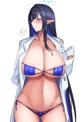 Rule 34 | 1girl, anger vein, bikini, blue archive, blue bikini, blue eyeliner, blue eyes, blue hair, blush, breasts, cleavage, collarbone, eyeliner, eyepatch bikini, glasses, gloves, gluteal fold, halo, highres, huge breasts, jacket, long hair, long sleeves, micro bikini, ootori subaru, open clothes, open jacket, pointy ears, rin (blue archive), simple background, solo, spoken anger vein, swimsuit, very long hair, white background, white gloves, white jacket