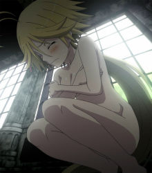 Rule 34 | 10s, 1girl, blonde hair, blush, breasts, covering privates, closed eyes, highres, long hair, nude, screencap, solo, stitched, sweat, third-party edit, trinity seven, very long hair, window, yamana mira