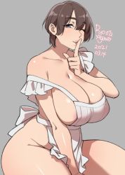 Rule 34 | 1girl, agawa ryou, apron, areola slip, bare shoulders, breasts, brown eyes, brown hair, cleavage, commentary, curvy, english commentary, finger to mouth, grey background, huge breasts, lips, looking at viewer, mature female, one eye closed, original, parted lips, short hair, simple background, sitting, solo, thick lips, thick thighs, thighs, wink