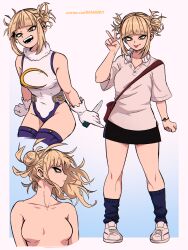 Rule 34 | 1girl, absurdres, blonde hair, blunt bangs, boku no hero academia, bracelet, cosplay, dashi (dashiart), double bun, fangs, hair bun, highres, holding, holding knife, holding weapon, jewelry, knife, messy hair, mirko (cosplay), multiple views, no nipples, nude, open mouth, shoes, sidelocks, skirt, slit pupils, solo, toga himiko, tongue, tongue out, v, weapon, yellow eyes
