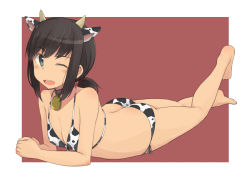 Rule 34 | 1girl, animal ears, animal print, ass, barefoot, bell, bikini, black hair, border, breasts, brown background, cleavage, commentary request, cow ears, cow horns, cow print, cowbell, fake animal ears, fake horns, fubuki (kancolle), full body, green eyes, horns, kantai collection, kugui kiyunemu, long hair, looking at viewer, low ponytail, lying, on stomach, one eye closed, ponytail, short ponytail, side-tie bikini bottom, sidelocks, small breasts, solo, swimsuit, two-tone background, upper body, white bikini, white border