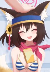 Rule 34 | 1girl, absurdres, animal ear fluff, animal ears, bare shoulders, bikini, blue archive, blush, brown hair, closed eyes, fang, fox ears, fox girl, fox tail, happy, headpat, highres, izuna (blue archive), izuna (swimsuit) (blue archive), makeup, medium hair, open mouth, petting, pink scarf, scarf, smile, striped bikini, striped clothes, swimsuit, tail, zeralinz